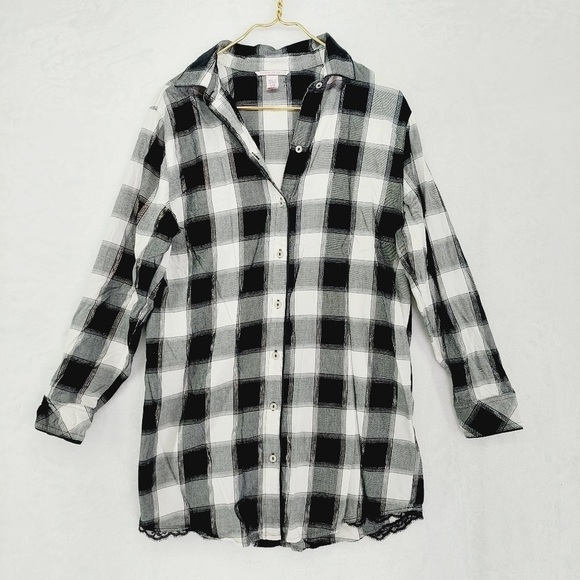 Victoria's Secret White & Black Flannel Plaid Button-Down Shirt 2524 - Picture 1 of 9